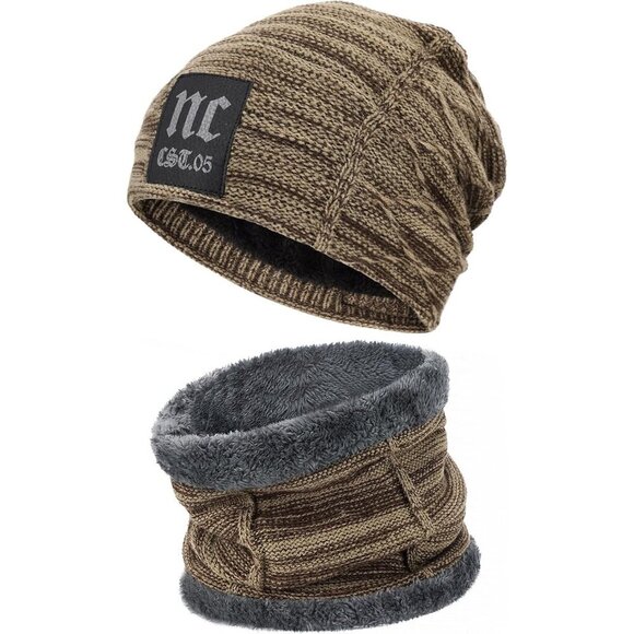 No Brand Other - 🆕 Men Khaki Fleece Lined Winter Cap Beanie Scarf Set Knit Neck Warmer Nice Hat